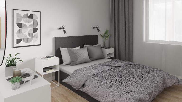 sypialnia minimalistyczna, szara